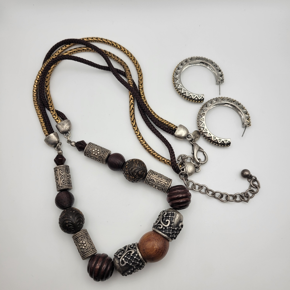 Chico's Silver and Brown Tone Chunky Boho Beaded Necklace and Earrings Set